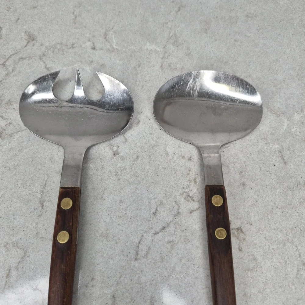 Vintage NEVCO Stainless Steel Japanese Teak Wood‎ Spoon & Fork Salad Serving Set
